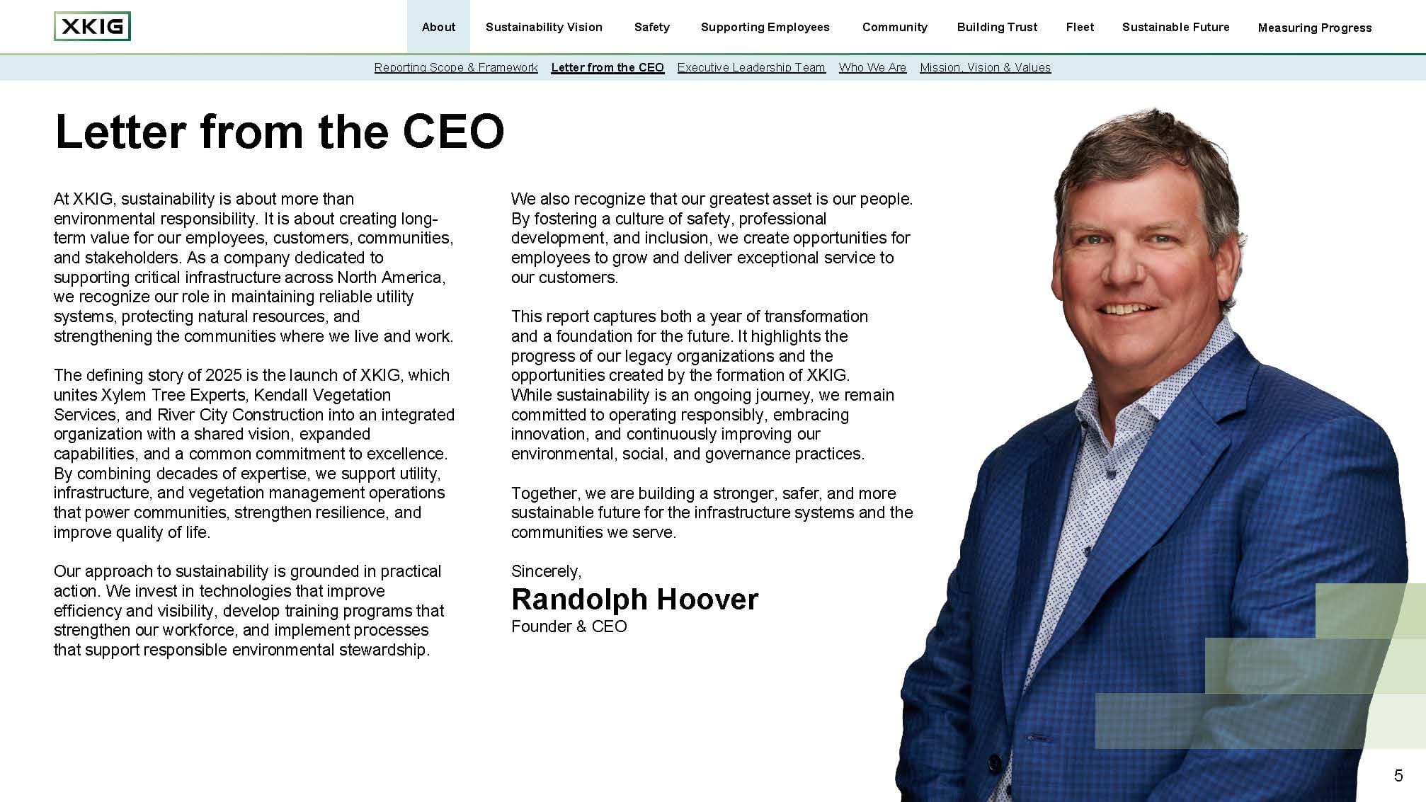 Letter from the CEO spread from the XKIG sustainability report