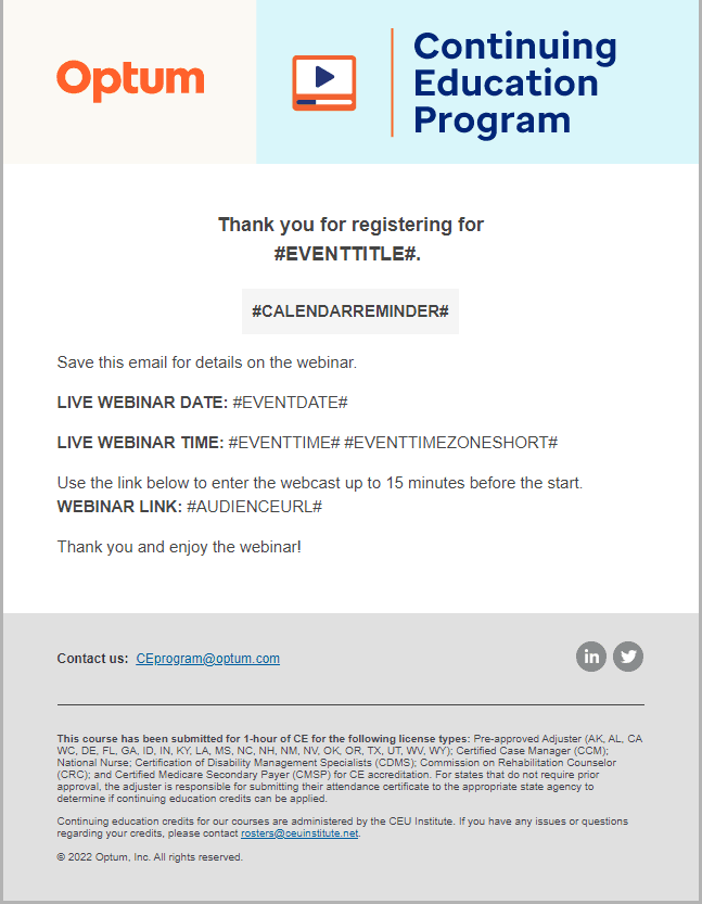 Optum CE registration confirmation email
